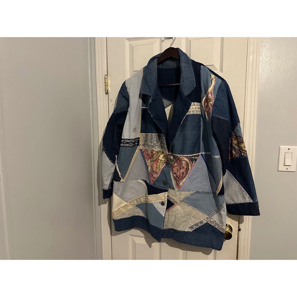 Handmade Patchwork Denim Jacket Floral Paisley Lace Trim Boho Wearable Art Blue